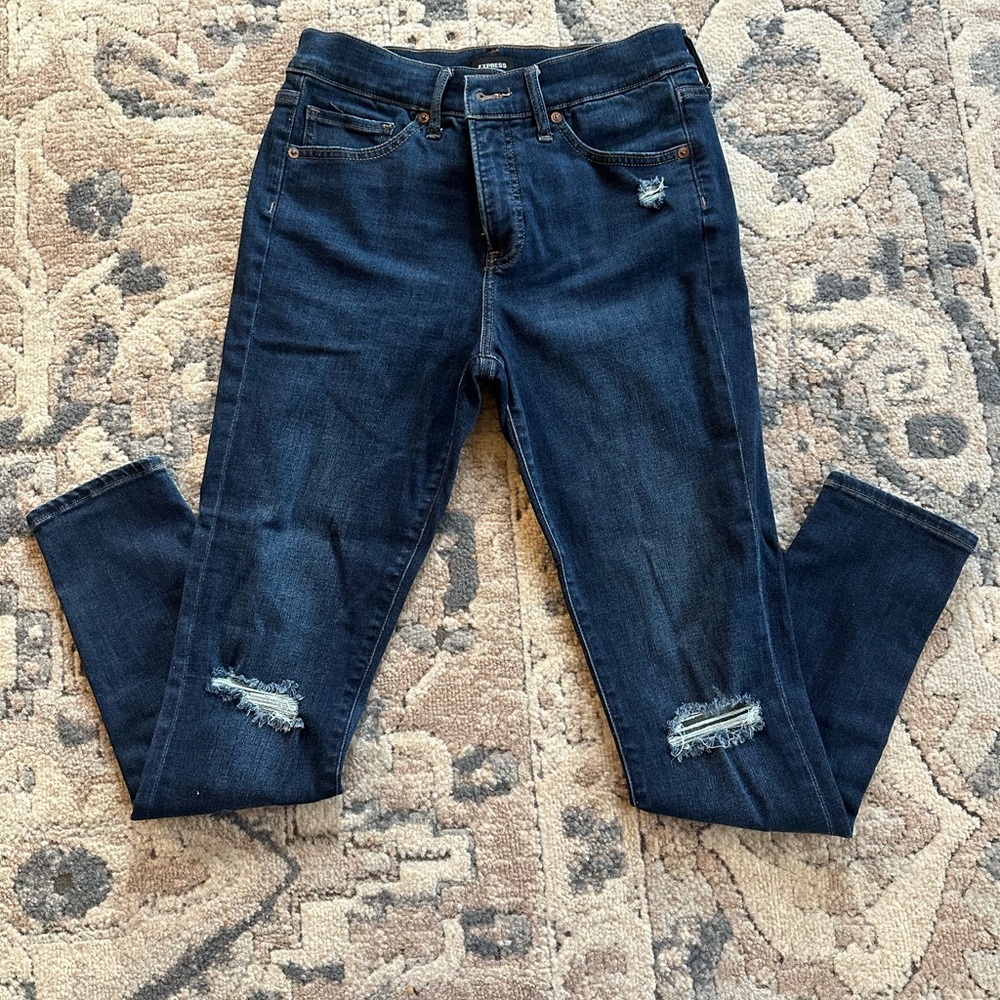 Express Women's Dark Indigo Distressed Skinny Jeans